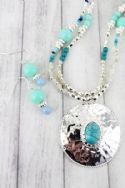 TURQUOISE BEADED SILVERTONE NECKLACE AND EARRING SET
